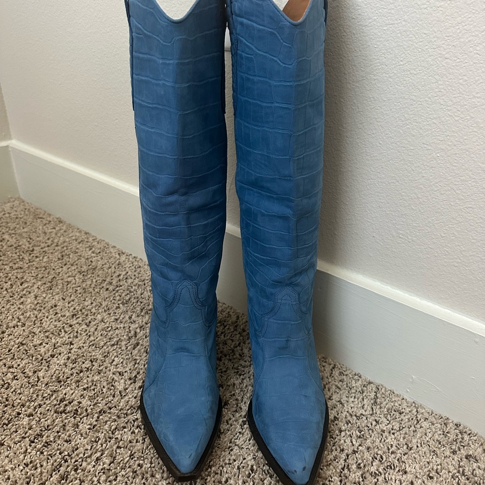 Toral Blue Croc-Embossed Heeled Boots